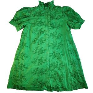 ENTRO Shift Dress Womens  Large Green Cotton Linen Ruffles Floral Applique